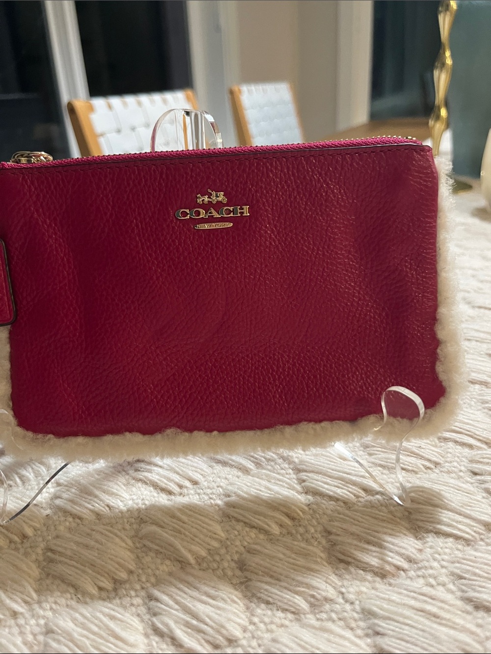 EUC Auth COACH Shearling Wristlet Dark Pink CRANBERRY Pebbled Leather "F64709"